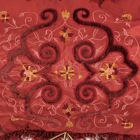 Silk Embroidered Fringe & Velvet Accent Pillow - Picture 3 of 5